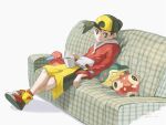  1boy backwards_hat baseball_cap bright_pupils brown_eyes closed_mouth couch crossed_legs cup cyndaquil ethan_(pokemon) hat highres holding holding_cup jacket knees long_sleeves male_focus mokuzou_(moku_ssbu) mug pokemon pokemon_(creature) pokemon_(game) pokemon_gsc porygon2 red_jacket shoes short_hair shorts shuckle sitting smile steam symbol-only_commentary twitter_username white_background white_pupils yellow_shorts 
