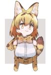  1girl animal_ears blonde_hair blush bow bowtie buttergirl_02 cat_ears cat_girl cat_tail commentary_request elbow_gloves extra_ears eyebrows_visible_through_hair gloves high-waist_skirt highres kemono_friends looking_at_viewer multicolored_hair print_bow print_bowtie print_gloves print_skirt serval_(kemono_friends) serval_print shirt short_hair skirt sleeveless smile solo tail upper_body white_shirt yellow_eyes 