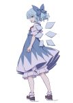  1girl absurdres black_footwear bloomers blue_bow blue_dress blue_eyes blue_hair bow cirno detached_wings dress fairy full_body hair_between_eyes hair_bow highres ice ice_wings kame_(kamepan44231) one-hour_drawing_challenge open_mouth puffy_short_sleeves puffy_sleeves shoes short_hair short_sleeves simple_background socks solo touhou underwear white_background white_bloomers white_legwear wings 
