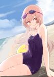  1girl 2022 atelier_(series) atelier_lydie_&amp;_suelle bangs bare_arms beach blue_sky blush closed_mouth cloud collarbone dated day dutch_angle eyebrows_visible_through_hair highres long_hair minidraco one-piece_swimsuit outdoors pink_hair purple_swimsuit school_swimsuit shiny shiny_hair sitting sky smile solo straight_hair suelle_marlen summer swimsuit very_long_hair yellow_eyes 