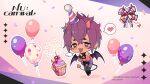  1boy balloon blush candle chibi cupcake demon_boy demon_horns demon_tail demon_wings food hat heart heart-shaped_pupils highres horns male_focus morvay_(nu_carnival) nu_carnival off_shoulder official_art open_mouth party_hat pointy_ears purple_hair short_hair speech_bubble stomach_tattoo symbol-shaped_pupils tail tattoo wings 