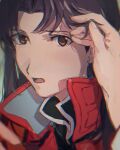  1girl biiko_(king1015g) black_hair brown_eyes hair_intakes katsuragi_misato looking_at_viewer neon_genesis_evangelion open_mouth portrait pov sketch solo_focus 