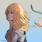  1girl alternate_hairstyle bangs blonde_hair closed_mouth cutting_hair fire_emblem fire_emblem:_three_houses fire_emblem_warriors fire_emblem_warriors:_three_hopes green_eyes gzei hair_ornament highres ingrid_brandl_galatea official_alternate_hairstyle short_hair simple_background smile solo white_background 