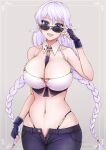  1girl avrora_(azur_lane) avrora_(not_cut_out_for_this?)_(azur_lane) azur_lane between_breasts blue_eyes blue_pants bra braid breasts cleavage cowboy_shot detached_collar fingerless_gloves gloves grey_background highres huge_breasts light_purple_hair long_hair looking_at_viewer looking_over_eyewear necktie necktie_between_breasts official_alternate_costume open_fly open_mouth pants panty_straps purple_gloves sai-go simple_background skindentation solo standing sunglasses twin_braids underwear very_long_hair white_bra 
