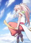  1girl arche_klein bracelet broom broom_riding closed_mouth cloud earrings elbow_gloves full_body gloves highres jewelry long_hair looking_at_viewer one_eye_closed pink_eyes pink_hair ponytail smile solo tales_of_(series) tales_of_phantasia tomaty. wide_ponytail 