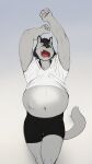  anthro arms_above_head birdaftermidnight canid canine canis clothing fetal_kick hi_res male mammal open_mouth pregnant pregnant_male shirt solo standing stretching t-shirt topwear underwear wolf yawn 