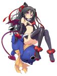  1girl anklet bangs black_choker black_footwear black_gloves black_hair blush boots bracelet character_request choker copyright_request cosplay demon_girl demon_tail demon_wings disgaea earrings elbow_gloves etna etna_(cosplay) flat_chest full_body gloves hair_ribbon highres jewelry long_bangs long_hair looking_at_viewer navel non-web_source o-ring o-ring_choker parted_lips photoshop_(medium) pink_hair prinny prinny_(cosplay) red_tail red_wings ribbon simple_background skull_earrings solo strapless tail thigh_boots thighhighs two_side_up white_background wings 