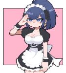  alternate_costume apron black_dress blue_eyes blue_hair breasts chibi dress earrings frills jewelry leona_heidern maid maid_apron maid_day maid_headdress oscar_get ponytail ribbon salute snk_heroines:_tag_team_frenzy the_king_of_fighters triangle_earrings 