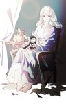  1girl alternate_costume arknights artist_name bag bangs barefoot chair character_doll chinese_commentary commentary_request dress full_body highres korukun long_hair looking_at_viewer on_chair red_eyes sitting solo specter_(arknights) table white_dress white_hair 
