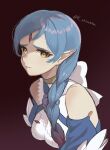  1girl bare_shoulders blue_hair braid breasts closed_mouth detached_sleeves dress fire_emblem fire_emblem_fates fire_emblem_heroes forehead_jewel gradient_hair highres karashino lilith_(fire_emblem) lips long_hair looking_at_viewer medium_breasts multicolored_hair pink_lips pointy_ears red_hair sad single_braid slit_pupils solo twitter_username two-tone_hair upper_body very_long_hair white_dress yellow_eyes 