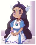  1girl blue_dress border bracelet bright_pupils closed_mouth collarbone commentary_request cowlick dark-skinned_female dark_skin dress frown gazing_eye hairband hapu_(pokemon) highres jewelry long_hair necklace own_hands_together pokemon pokemon_(anime) pokemon_sm_(anime) purple_eyes purple_hair short_sleeves sitting twintails white_border white_pupils 