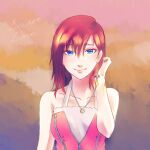  1girl blue_eyes closed_mouth collarbone earrings english_text highres jewelry kairi_(kingdom_hearts) kingdom_hearts kingdom_hearts_ii looking_at_viewer medium_hair necklace red_hair single_earring smile solo 