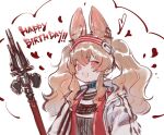  1girl :d angelina_(arknights) animal_ears arknights black_collar black_shirt collar earpiece extra_ears fox_ears hairband happy_birthday heart holding holding_staff infection_monitor_(arknights) jacket long_hair long_sleeves looking_at_viewer notora open_mouth orange_eyes red_hairband shirt sidelocks smile solo staff striped striped_hairband twintails upper_body white_jacket 