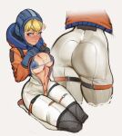  1girl absurdres apex_legends ass balaclava bikini bikini_top_only bikini_under_clothes blonde_hair blonde_pubic_hair blue_bikini blue_eyes blue_gloves blue_sweater blush bodysuit breasts burn_scar cleavage clothes_lift cropped_jacket full_body gloves highres hood hood_down hooded_jacket jacket large_breasts linea_alba looking_at_viewer micro_bikini mon_eree multiple_views navel no_panties orange_jacket scar scar_on_breasts scar_on_cheek scar_on_face scar_on_stomach seiza short_hair sitting solo string_bikini sweat sweater sweater_lift swimsuit toned underboob unzipped wattson_(apex_legends) white_bodysuit 