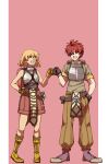  1boy 1girl armor bangs belt blonde_hair boots breastplate brown_belt brown_footwear brown_gloves brown_pants brown_shirt closed_eyes commentary_request eyebrows_visible_through_hair fist_bump full_body gloves green_shirt grin hair_between_eyes highres looking_at_another looking_to_the_side novice_(ragnarok_online) pants pink_background pink_shorts ragnarok_online red_eyes red_hair shirt shoes short_hair short_sleeves shorts sleeveless sleeveless_shirt smile white_background yanagimoto_hikari 
