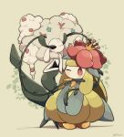  a-nya black_eyes blush bright_pupils crown florges flower green_background hand_up highres lilligant no_humans one_eye_closed plant pokemon pokemon_(creature) red_eyes standing symbol-only_commentary twitter_username vines white_pupils 