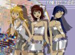  2000s_(style) 3girls aeo444 ahoge amami_haruka bangs belt blonde_hair blue_hair choker chromatic_aberration disco_ball green_eyes highres hoshii_miki idolmaster idolmaster_(classic) kisaragi_chihaya midriff miniskirt multiple_girls navel red_hair short_hair skirt sleeve_cuffs sparkle 