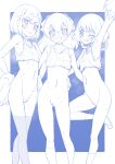  3girls :d arm_around_waist arm_up armpits ass_visible_through_thighs bangs blue_theme blush bob_cut bottomless braid breasts commentary crop_top delicious_party_precure eyebrows_visible_through_hair fuwa_kokone grin groin hair_bobbles hair_ornament hanamichi_ran hands_on_hips highres holding holding_pom_poms kneehighs leg_up locked_arms looking_at_viewer medium_hair miyagoe_yoshitsuki monochrome multiple_girls nagomi_yui one_eye_closed open_mouth outside_border parted_lips pom_pom_(cheerleading) precure pussy shirt shoes short_hair side-by-side sleeveless sleeveless_shirt small_breasts smile socks spot_color standing standing_on_one_leg sweat thighhighs twin_braids 