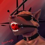  anthro ball_gag bdsm blush bodily_fluids canid canine canis collar domestic_dog gag hi_res humanoid male mammal ranxfanx saliva saliva_string simple_background solo 