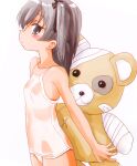  1girl absurdres bandages bangs black_ribbon blush boko_(girls_und_panzer) breasts brown_eyes closed_mouth covered_navel cowboy_shot crotch_seam frown girls_und_panzer hair_ribbon highres holding holding_stuffed_toy light_brown_hair long_hair looking_at_viewer minorihoujouakino object_behind_back old_school_swimsuit one-piece_swimsuit one_side_up ribbon school_swimsuit see-through shimada_arisu simple_background small_breasts solo standing stuffed_animal stuffed_toy swimsuit teddy_bear wet wet_clothes white_background white_swimsuit 