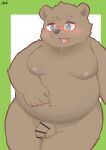  2022 absurd_res anthro ayata balls belly big_belly blush brown_body eyewear flaccid genitals glasses hi_res humanoid_genitalia humanoid_hands humanoid_penis kemono male mammal overweight overweight_male penis simple_background solo ursid young 