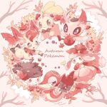  accessory ambiguous_gender autumn bow_tie branch brown_body celebi chikorita eeveelution english_text feral furgonomics group humanoid land_forme_shaymin leafeon legendary_pok&eacute;mon lilligant mugita_konomi nintendo pink_eyes pok&eacute;mon pok&eacute;mon_(species) red_body red_eyes red_leaves ribbons shaymin signature simple_background snivy tail_accessory tail_bow tail_ribbon tan_background tan_body text video_games 