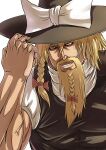  1boy bangs beard beard_bow black_headwear black_vest blonde_hair bow braid braided_beard cho_marisa commentary_request facial_hair genderswap genderswap_(ftm) grin hair_between_eyes hair_bow hat hat_bow kirisame_marisa long_hair looking_at_viewer male_focus mitsuki_yuuya red_bow shirt side_braid simple_background smile solo touhou upper_body vest white_background white_headwear white_shirt witch_hat yellow_eyes 