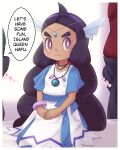  1girl 2boys blue_dress border bracelet bright_pupils bulge closed_mouth collarbone commentary_request cowlick dark-skinned_female dark_skin dress english_text frown gazing_eye hairband hapu_(pokemon) highres jewelry long_hair multiple_boys necklace own_hands_together pokemon pokemon_(anime) pokemon_sm_(anime) purple_eyes purple_hair short_sleeves sideways_glance sitting speech_bubble twintails white_border white_pupils 