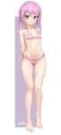  1girl alice_gear_aegis aomoro arms_behind_back bangs bare_legs barefoot bikini blush breasts closed_mouth eyebrows_visible_through_hair full_body hair_between_eyes highres hirasaka_yotsuyu long_hair looking_at_viewer navel pink_eyes pink_hair signature simple_background small_breasts smile solo standing stomach striped striped_bikini swimsuit 
