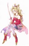  1girl breasts cape detached_sleeves dress earrings final_fantasy final_fantasy_vi full_body green_hair jewelry kawahara long_hair looking_at_viewer pantyhose ponytail simple_background solo sword tina_branford weapon white_background 