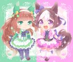  accessory animal_humanoid blush brown_hair chibi clothing dress duo equid equid_humanoid equine equine_humanoid female frilly frilly_clothing frilly_dress gesture green_background green_clothing green_dress green_eyes hair hair_accessory hair_bow hair_ribbon hi_res horse_humanoid humanoid kemono mammal mammal_humanoid mugita_konomi pink_clothing pink_dress purple_background purple_eyes ribbons silence_suzuka_(pretty_derby) simple_background sparkles special_week_(pretty_derby) uma_musume_pretty_derby v_sign 