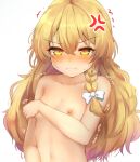 1girl anger_vein bangs blonde_hair blush bow braid breasts closed_mouth completely_nude covering covering_breasts eyebrows_visible_through_hair hair_bow highres kirisame_marisa leon0705 long_hair looking_at_viewer navel nipples nude side_braid simple_background single_braid small_breasts solo sweat touhou trembling upper_body white_background white_bow yellow_eyes 