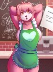 &lt;3 absurd_res anthro appliance apron apron_only articaartes big_breasts braided_hair breasts clothing coffee_maker digital_media_(artwork) female fur giant_panda green_apron hair hand_behind_head hi_res kitchen_appliance looking_up mammal mostly_nude open_mouth pink_body pink_fur pink_hair solo ursid 