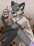  anthro atsufox beverage bubble_tea canid canine clothing fox hi_res holding_beverage holding_object kodoberry male mammal purple_clothing ring solo 