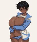  1girl black_hair blue_jacket blue_shorts breast_hold breast_lift breasts breasts_out character_request clothes_lift clothes_pull curvy dark-skinned_female dark_nipples dark_skin ear_piercing female_pubic_hair green_eyes huge_breasts jacket legs_together navel nipples open_clothes open_jacket original piercing pubic_hair pulled_by_self sagging_breasts sandcasks shirt_lift short_hair shorts shorts_pull solo symbol-only_commentary thighs track_jacket very_dark_skin white_background 