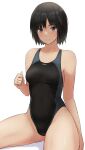  1girl amagami bangs black_eyes black_hair black_swimsuit blue_swimsuit breasts closed_mouth commentary competition_swimsuit curled_fingers groin highleg highres light_blush looking_at_viewer medium_breasts nanasaki_ai one-piece_swimsuit shadow short_hair simple_background sitting smile solo swimsuit two-tone_swimsuit white_background ykh1028 