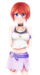  1girl belt blue_eyes breasts closed_mouth highres jewelry kairi_(kingdom_hearts) kingdom_hearts kingdom_hearts_i looking_at_viewer navel necklace red_hair short_hair simple_background skirt sleeveless smile solo white_background yutaka_(yamintyu) 