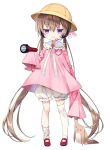  1girl asymmetrical_legwear bangs bloomers brown_hair child detached_sleeves dress flashlight full_body hat headset highres holding jitome kitsune_ncv long_hair long_sleeves mary_janes pink_dress pout purple_eyes red_footwear school_hat shoes sleeves_past_fingers sleeves_past_wrists solo stuffed_animal stuffed_toy thighhighs tsukuyomi_ai twintails underwear uneven_legwear very_long_hair voiceroid white_background white_bloomers white_legwear yellow_headwear 