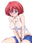  1girl :o bangs belt black_belt blue_eyes blue_shorts blush breasts cleavage collared_shirt commentary_request eyebrows_visible_through_hair highres hinomoto_hikari kikuchi_tsutomu medium_breasts mole mole_under_eye open_fly panties pink_panties red_hair see-through shirt short_hair short_shorts shorts simple_background sitting sleeveless sleeveless_shirt solo sweat tokimeki_memorial tokimeki_memorial_2 underwear v_arms wariza white_background white_shirt zipper 