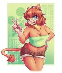  anthro articaartes blue_eyes bottomwear breasts brown_hair clothing dipodomyine eyewear female gesture glasses green_eyewear green_glasses hair heteromyid hi_res hollow_graham kangaroo_rat mammal navel rodent scarf shorts simple-background smile solo tongue tongue_out v_sign 