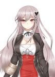  1girl absurdres azur_lane black_coat breasts cleavage coat dunkerque_(azur_lane) eyebrows_visible_through_hair genius_1237to gold_trim grey_hair hair_between_eyes highres large_breasts long_hair looking_at_viewer red_eyes simple_background solo upper_body very_long_hair white_background 