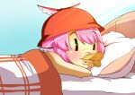 1girl bangs bed blanket blush brown_headwear chips commentary_request eyebrows_visible_through_hair food looking_to_the_side lying mystia_lorelei on_stomach open_mouth pillow pink_hair potato_chips pringle_duck pringles short_hair solo touhou under_covers upper_body verta_(verlaine) winged_hat |_| 