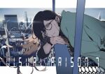  1boy black_hair closed_mouth copyright_name ear_piercing earrings glasses green_eyes head_rest highres jewelry katagiri_ikumi long_sleeves looking_at_viewer male_focus mist_flaive piercing smile solo visual_prison 