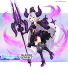  1girl alternate_costume black_dress black_footwear collaboration demon_girl demon_horns demon_tail detached_sleeves dress hololive horns la+_darknesss official_alternate_costume official_art pointing polearm spear tail valkyrie_connect virtual_youtuber weapon white_hair 