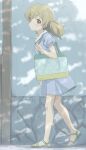  1girl bag barefoot_sandals blonde_hair blushblue_skirt closed_mouth copyright_request eyebrows_visible_through_hair full_body green_footwear highres holding holding_bag looking_at_viewer sailor_collar sandals school_uniform short_sleeves sincos skirt solo twintails walking white_sailor_collar yellow_eyes 