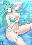  1girl absurdres arm_strap arm_under_breasts armband artist_name bangs bikini bracelet breasts cleavage collar collarbone frilled_bikini frills green_eyes green_hair green_swimsuit hair_ornament highres in_water jewelry kaos_art large_breasts long_hair looking_at_viewer navel pneuma_(xenoblade) ponytail signature sitting solo stomach swept_bangs swimsuit thigh_strap water xenoblade_chronicles_(series) xenoblade_chronicles_2 