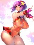  1girl asamiya_athena covered_navel covered_nipples curvy fingerless_gloves foreshortening fumio_(rsqkr) gloves hair_ornament highres idol leotard looking_to_the_side navel orange_leotard pose purple_hair red_gloves red_skirt short_hair skirt star_(symbol) star_hair_ornament the_king_of_fighters thick_thighs thighs wrist_cuffs 