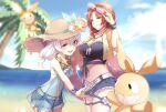  2girls :d afish bangs beach belt blue_eyes blue_sky bow breasts cleavage closed_mouth cloud cloudy_sky denim denim_shorts doll dress eyewear_on_head hat homu_(honkai_impact) honkai_(series) honkai_impact_3rd jacket multiple_girls murata_himeko murata_himeko_(scarlet_fusion) navel outdoors palm_tree red_bow sand seashell see-through shell shorts sky smile starfish straw_hat summer summer_uniform sundress sunglasses theresa_apocalypse theresa_apocalypse_(valkyrie_pledge) tree water white_hair yellow_eyes yellow_jacket 