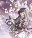  1girl :d adjusting_hair artist_name bangs black_hair blunt_bangs blurry blurry_foreground camcorder camera cardcaptor_sakura cherry_blossoms chinese_commentary commentary_request daidouji_tomoyo floral_background hand_up hat holding holding_camcorder holding_camera lan-ge-zi long_hair long_sleeves looking_at_viewer open_mouth pleated_skirt purple_eyes sailor_collar sailor_hat school_uniform sidelighting skirt smile solo teeth tomoeda_elementary_school_uniform twitter_username upper_teeth white_headwear white_skirt wrist_cuffs 