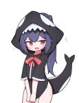 1girl bangs hh highres long_hair looking_at_viewer open_mouth orca_girl orca_hood original ponytail purple_hair red_eyes sharp_teeth short_sleeves simple_background solo sweat teeth white_background 